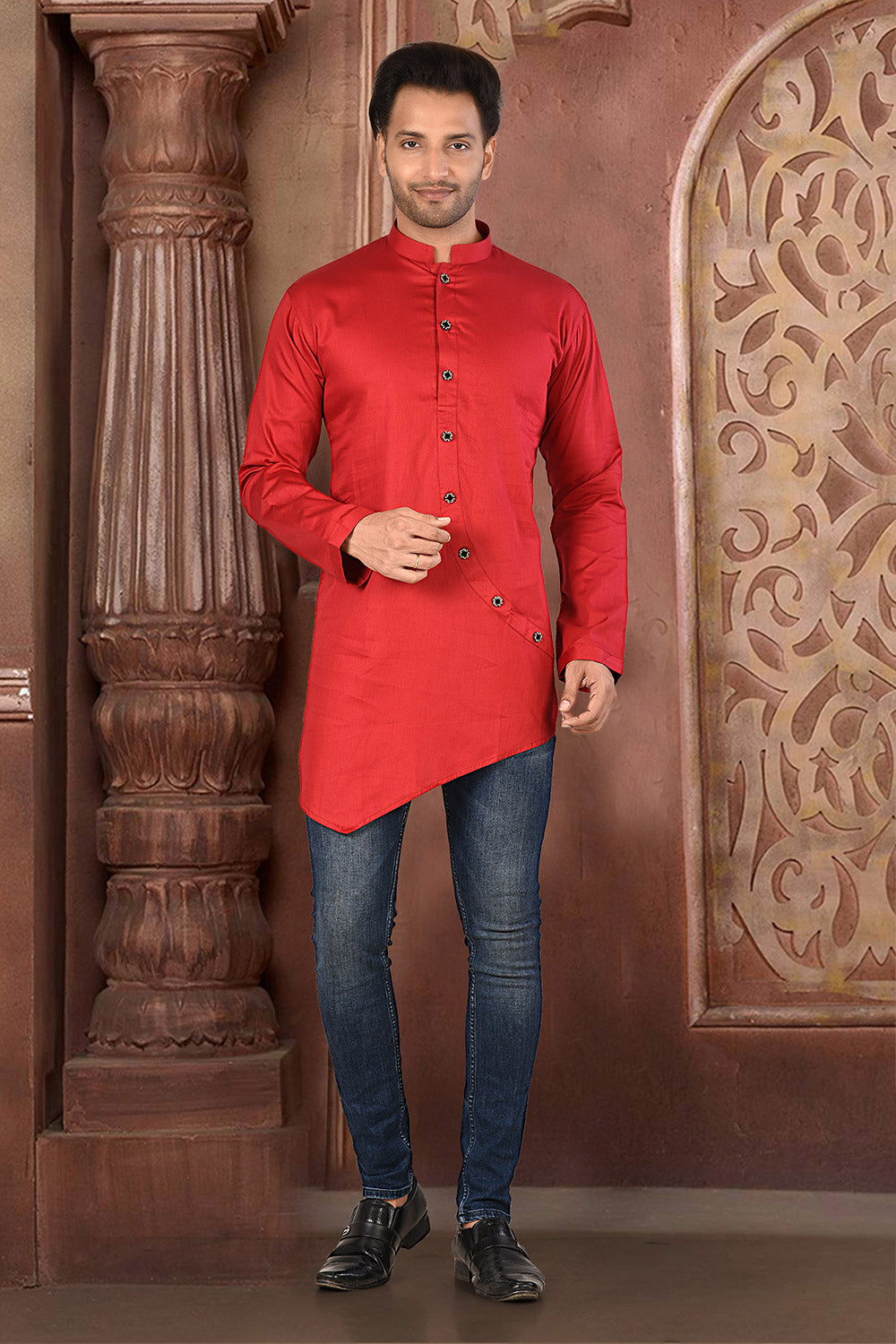 Red Colour Cotton Satin Fabric With Pattern Work Short Kurta