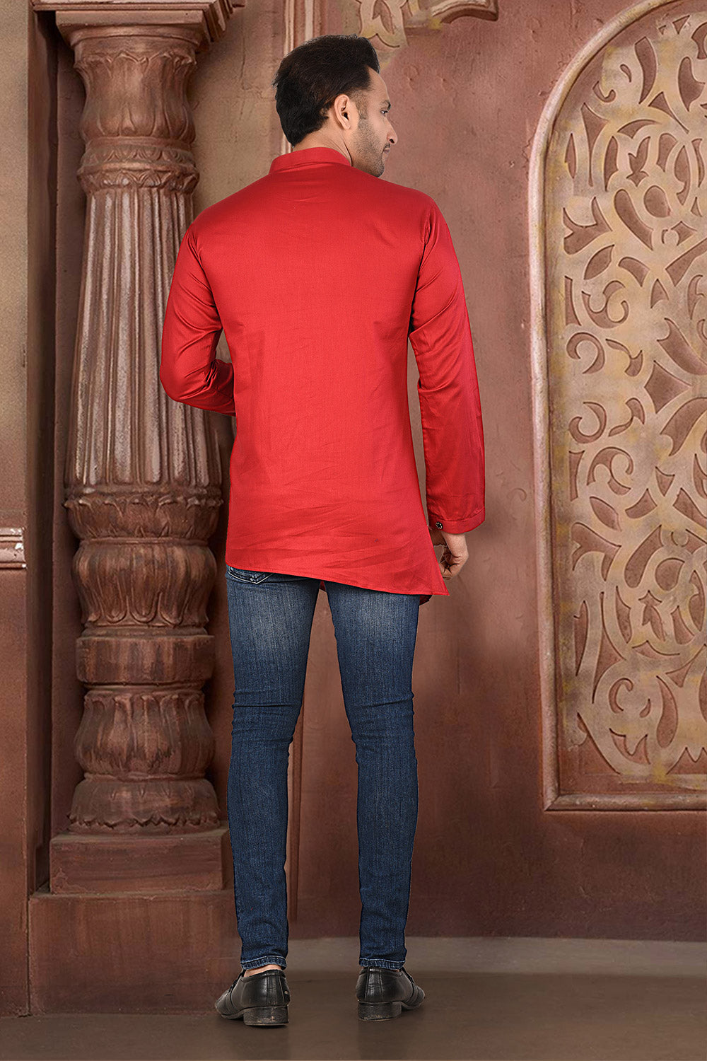 Red Colour Cotton Satin Fabric With Pattern Work Short Kurta