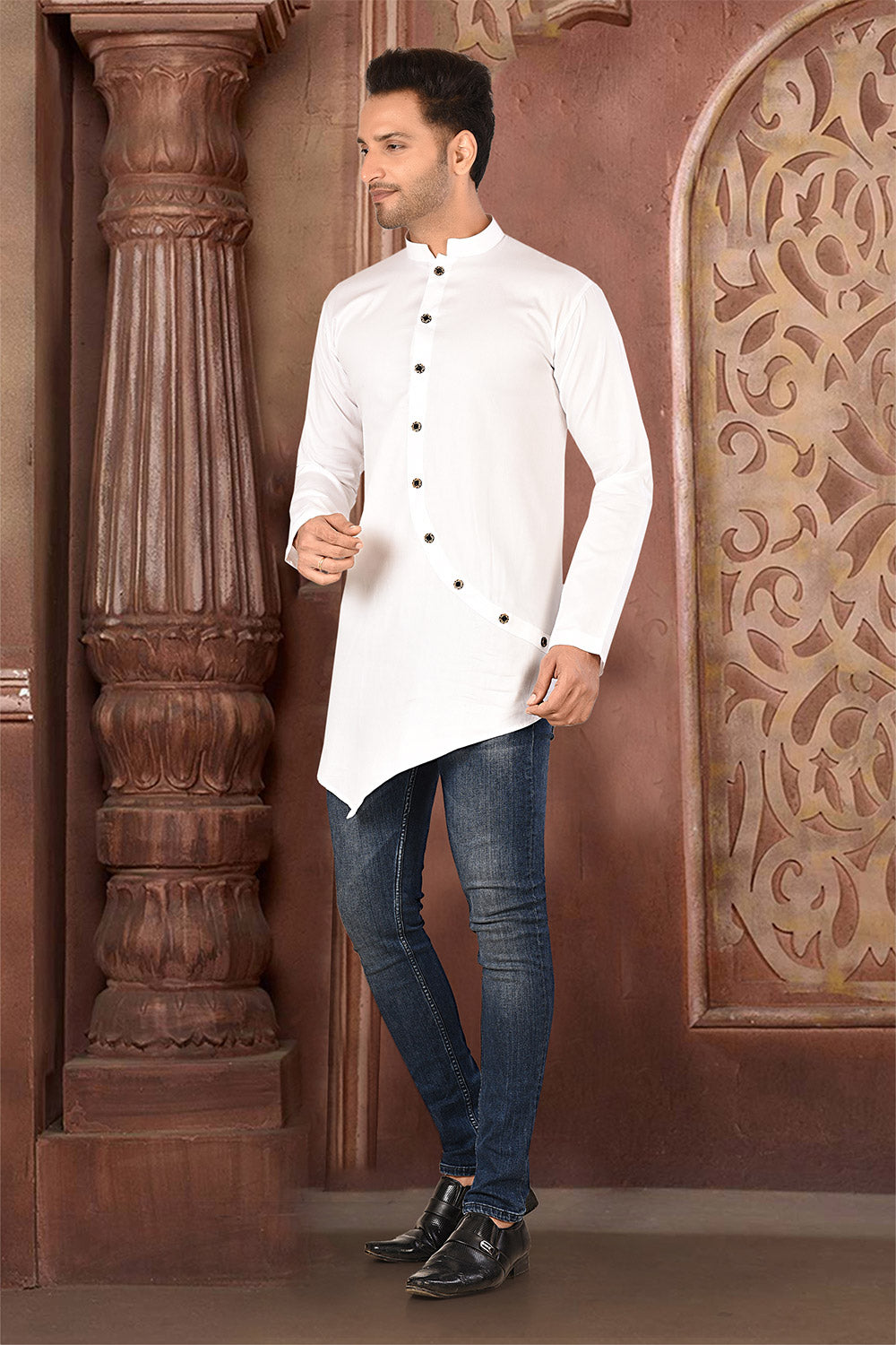 White Colour Cotton Satin Fabric With Pattern Work Short Kurta