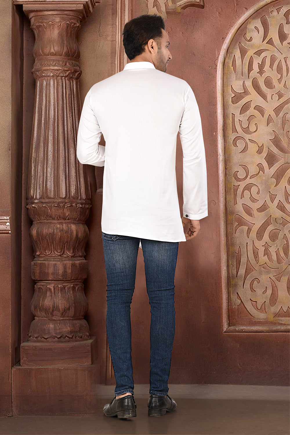White Colour Cotton Satin Fabric With Pattern Work Short Kurta