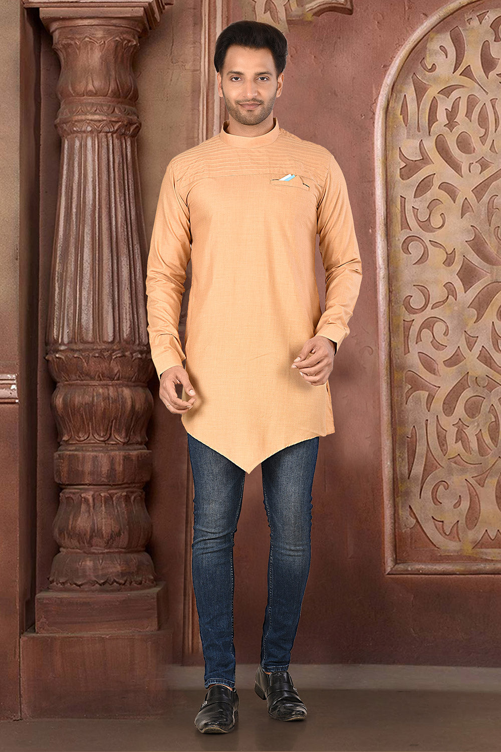 Beige Colour Muslin Cotton Fabric Patern Short Kurta