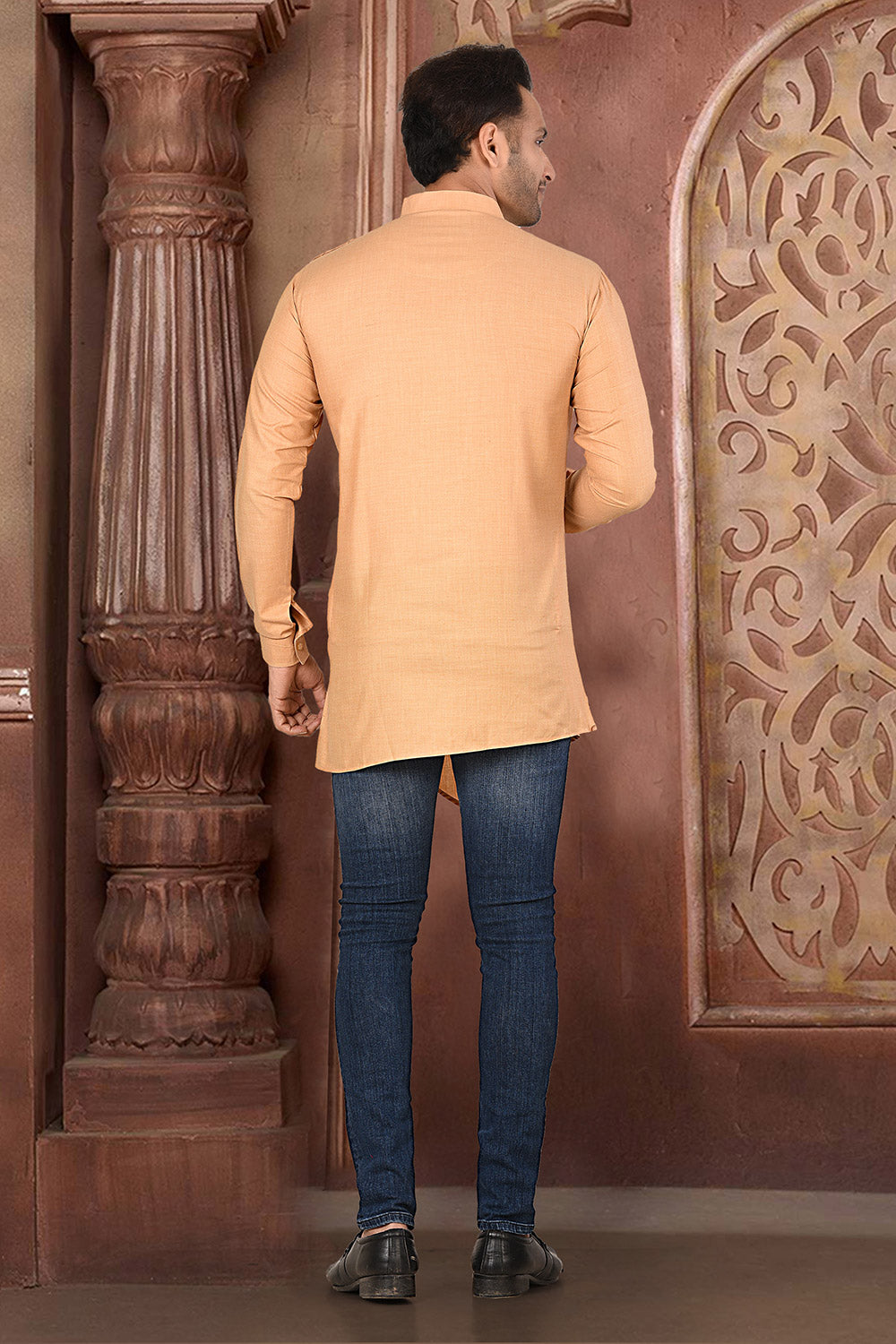 Beige Colour Muslin Cotton Fabric Patern Short Kurta