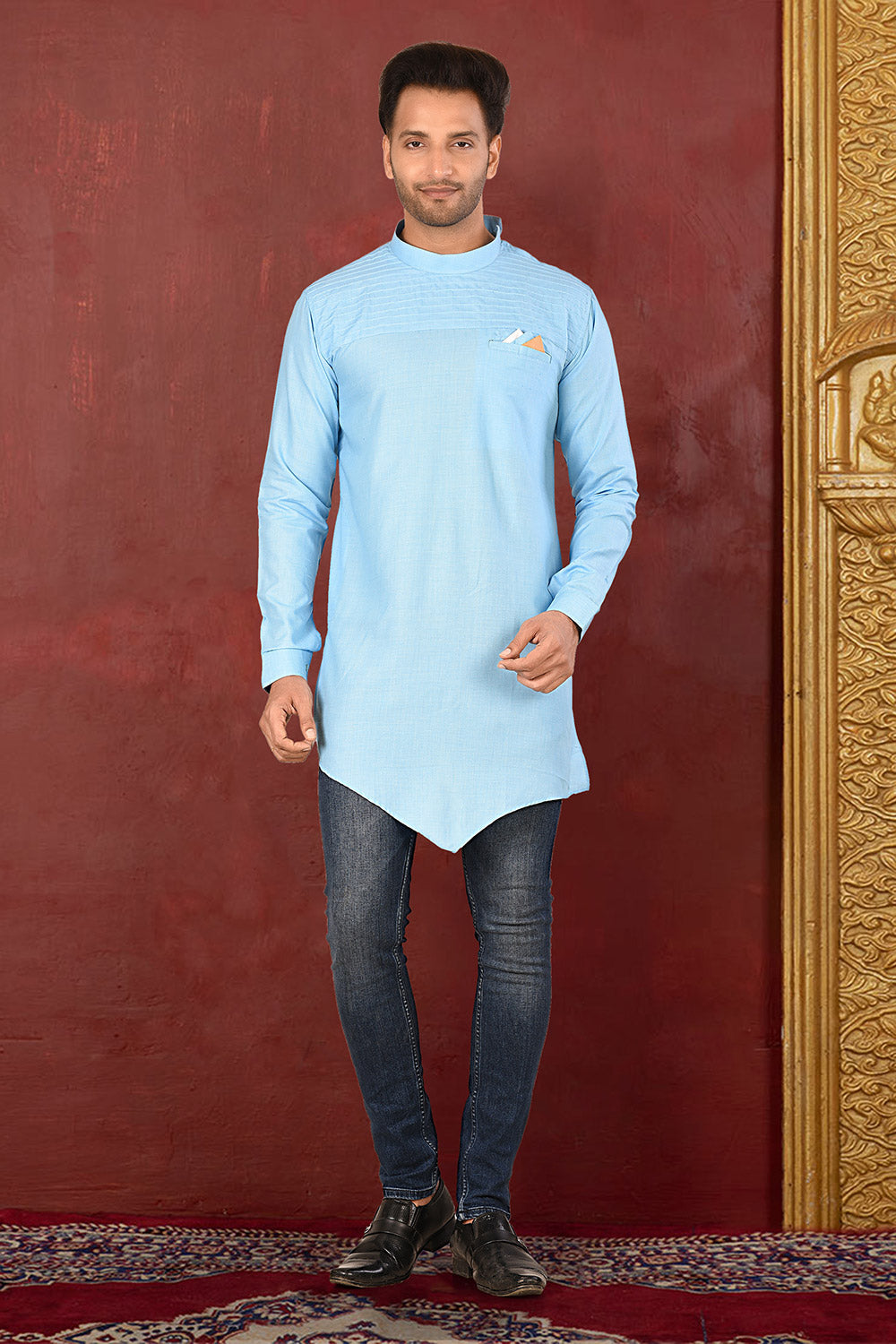 Sky Blue Colour Muslin Cotton Fabric Patern Short Kurta