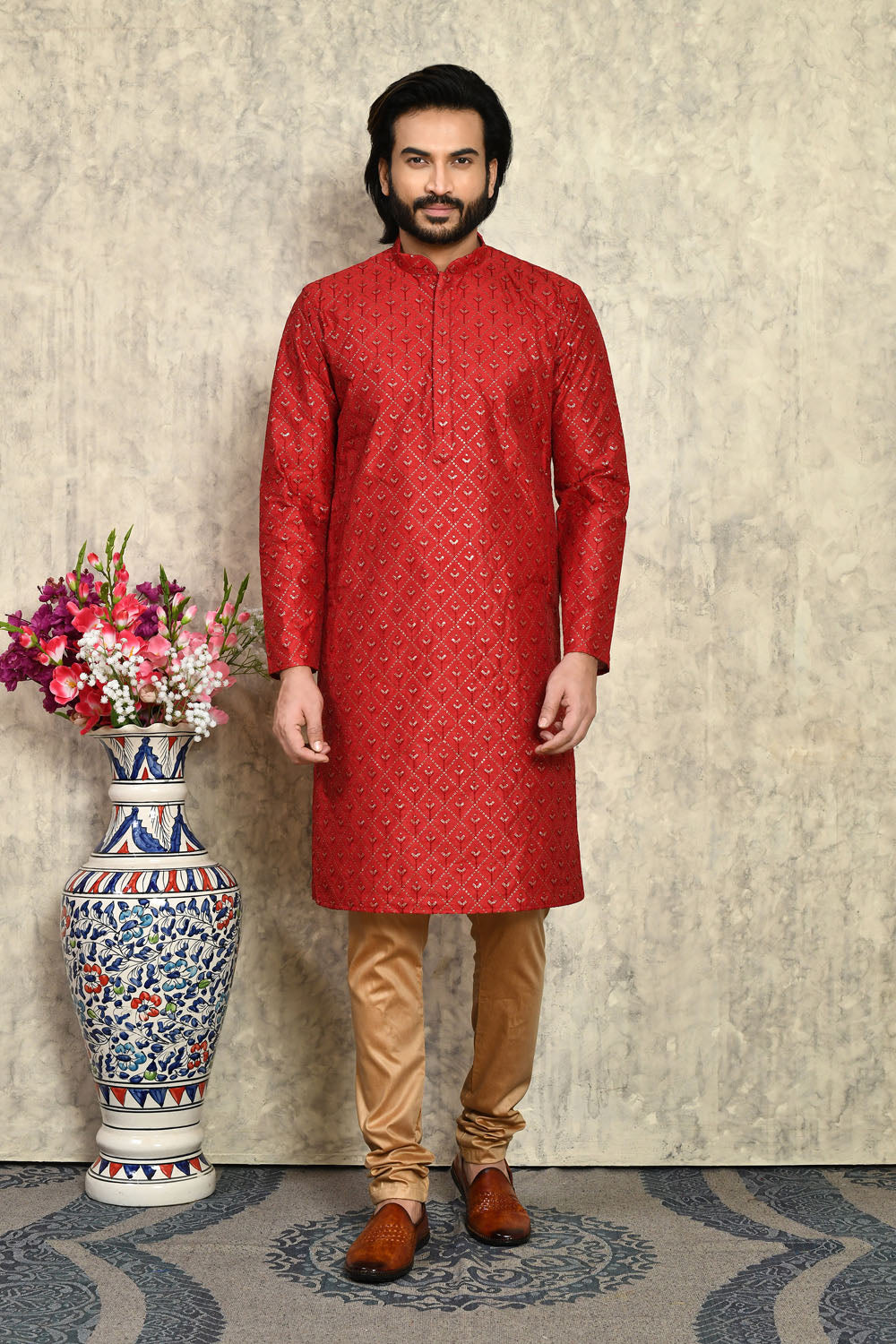 Maroon Colour Art Silk Fabric With Plain Style Kurta Pajama