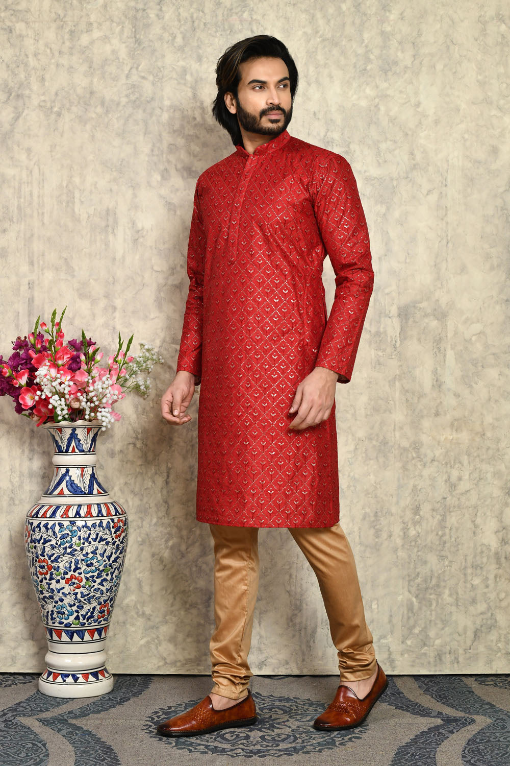 Maroon Colour Art Silk Fabric With Plain Style Kurta Pajama