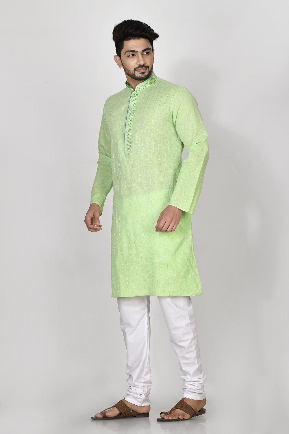 Pista Colour Cotton Fabric Printed Kurta Pajama