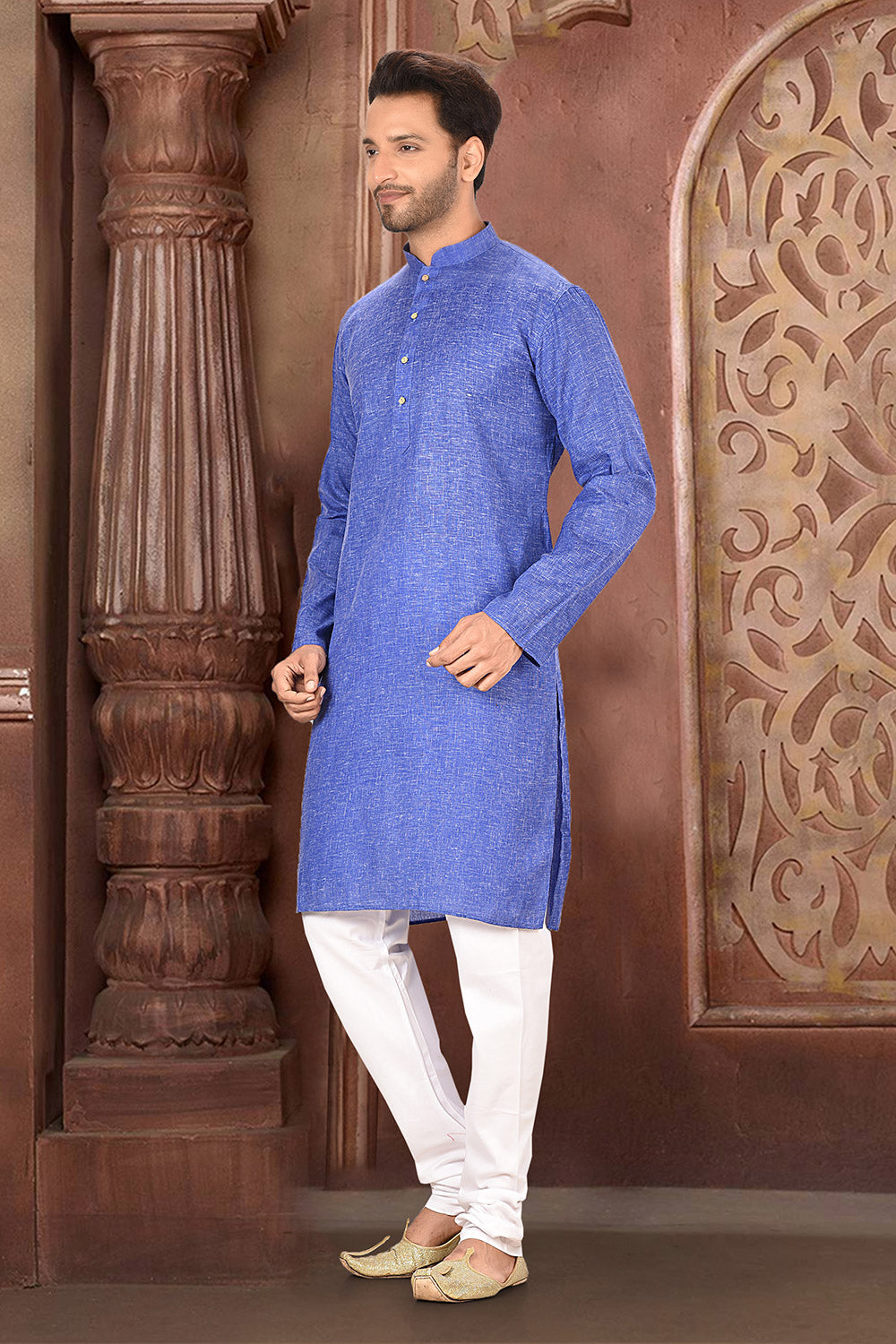 Blue Colour Cotton Fabric Plain Kurta Pajama
