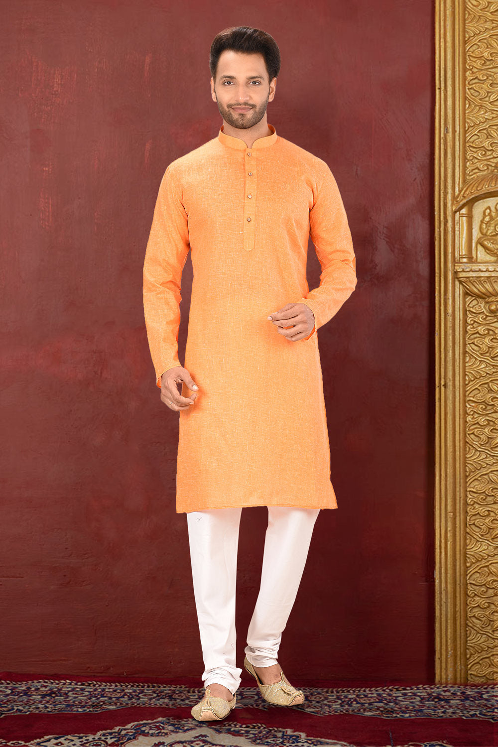 Orange Colour Cotton Fabric Plain Kurta Pajama