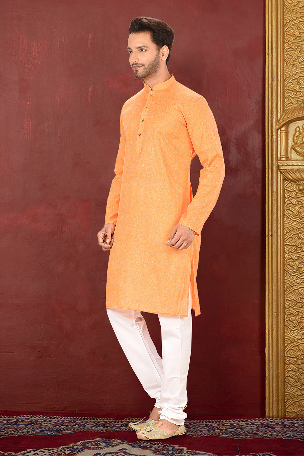 Orange Colour Cotton Fabric Plain Kurta Pajama