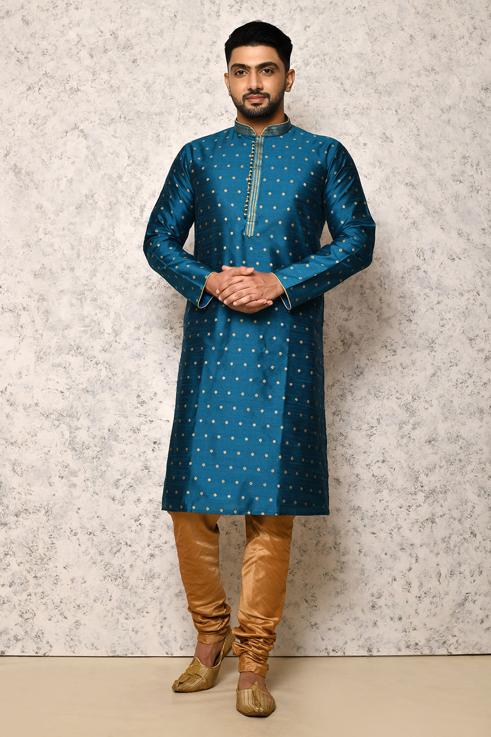 Turquoise Colour Art Silk Fabric Thread Work Kurta Pajama