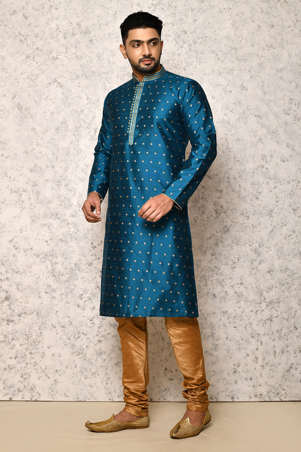 Turquoise Colour Art Silk Fabric Thread Work Kurta Pajama