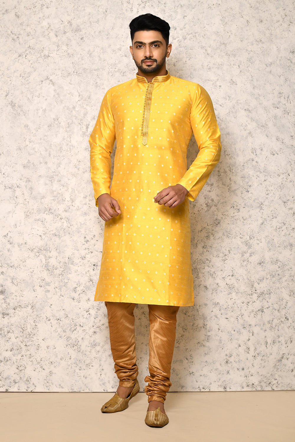 Yellow Colour Art Silk Fabric Thread Work Kurta Pajama