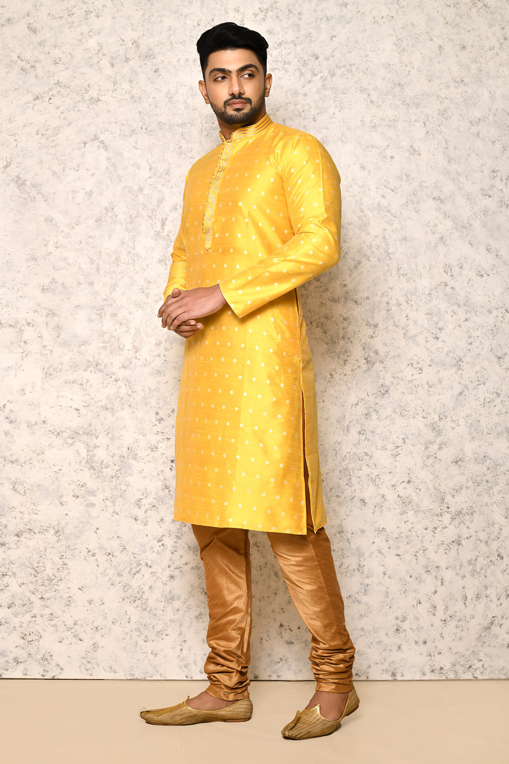 Yellow Colour Art Silk Fabric Thread Work Kurta Pajama
