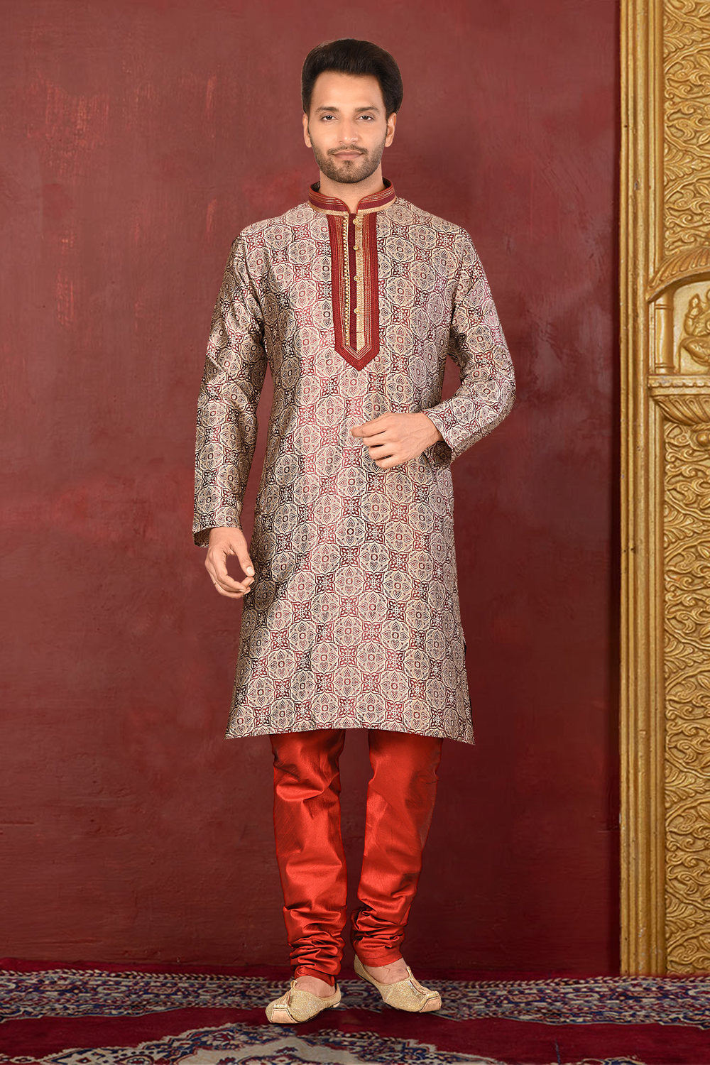Fawn Colour Jacquard Fabric With Thread Work Kurta Pajama