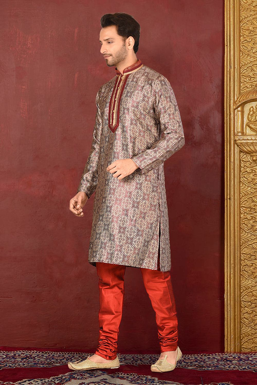 Fawn Colour Jacquard Fabric With Thread Work Kurta Pajama