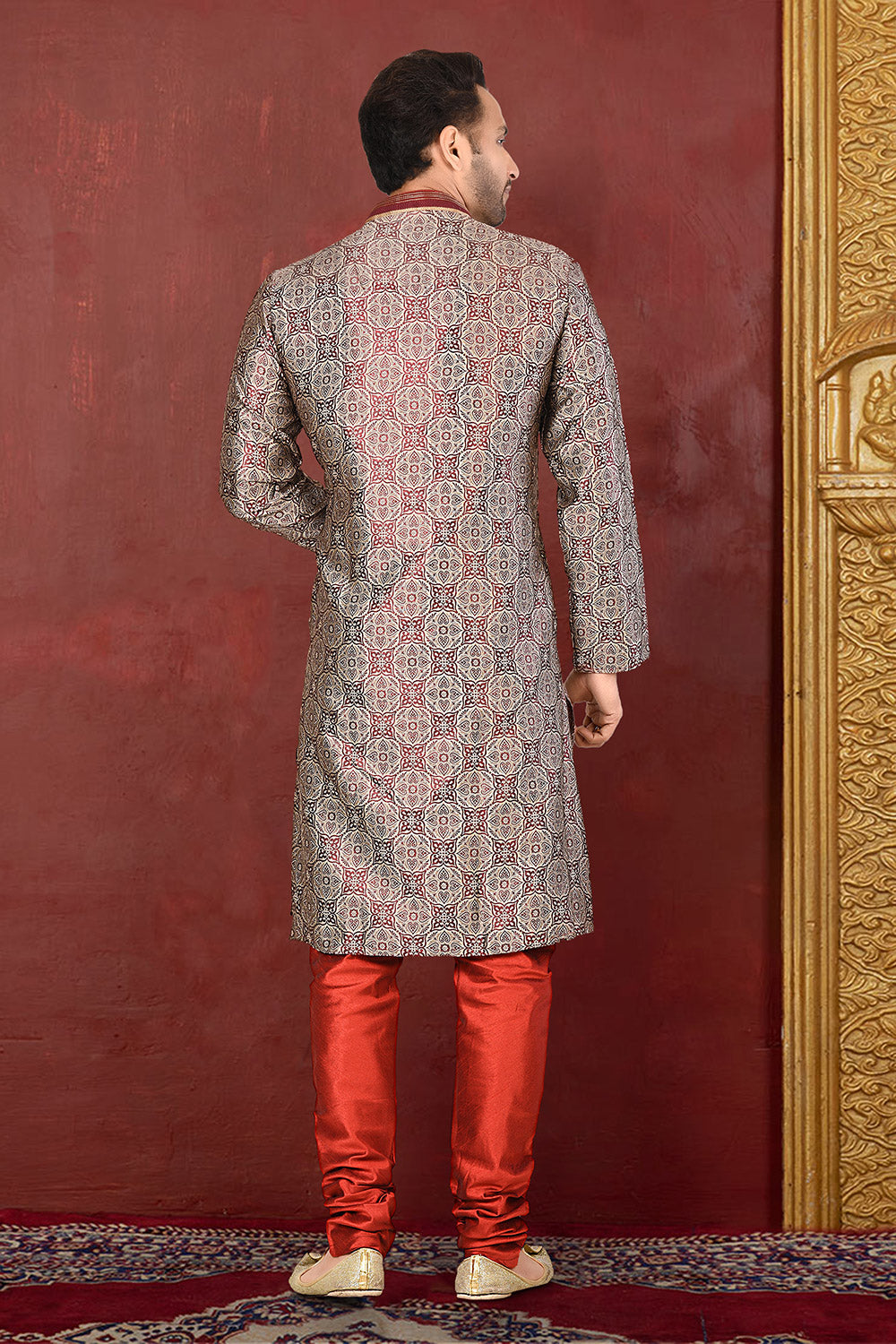 Fawn Colour Jacquard Fabric With Thread Work Kurta Pajama
