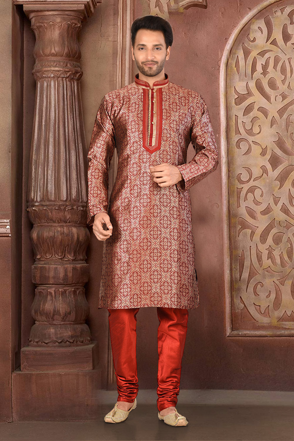 Red Colour Jacquard Fabric With Thread Work Kurta Pajama