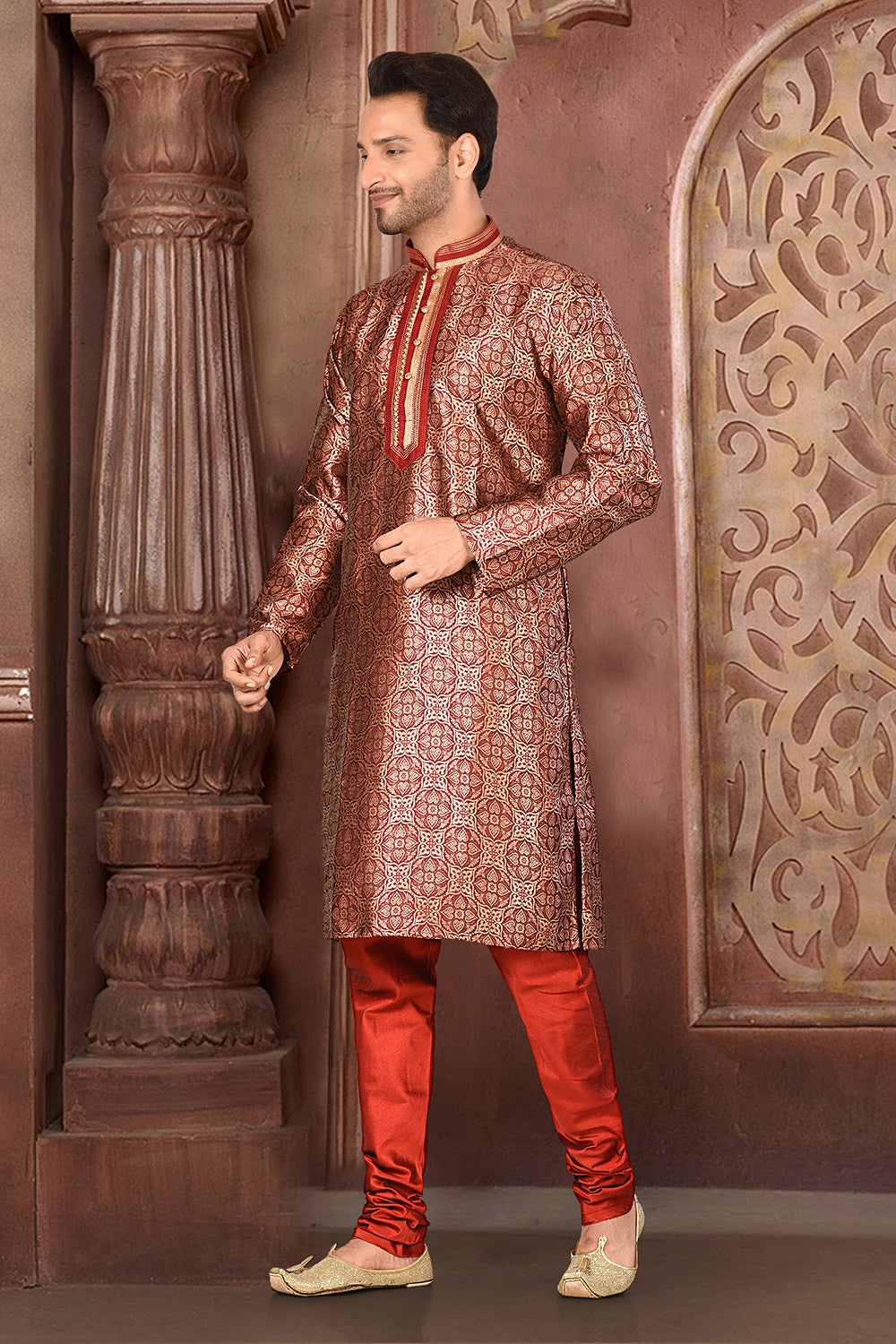 Red Colour Jacquard Fabric With Thread Work Kurta Pajama