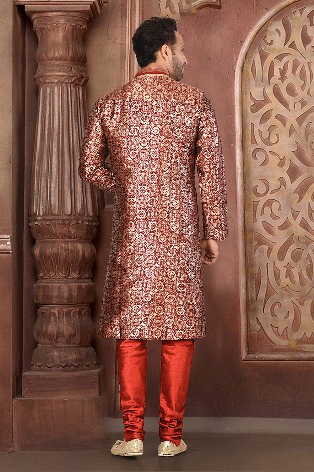 Red Colour Jacquard Fabric With Thread Work Kurta Pajama
