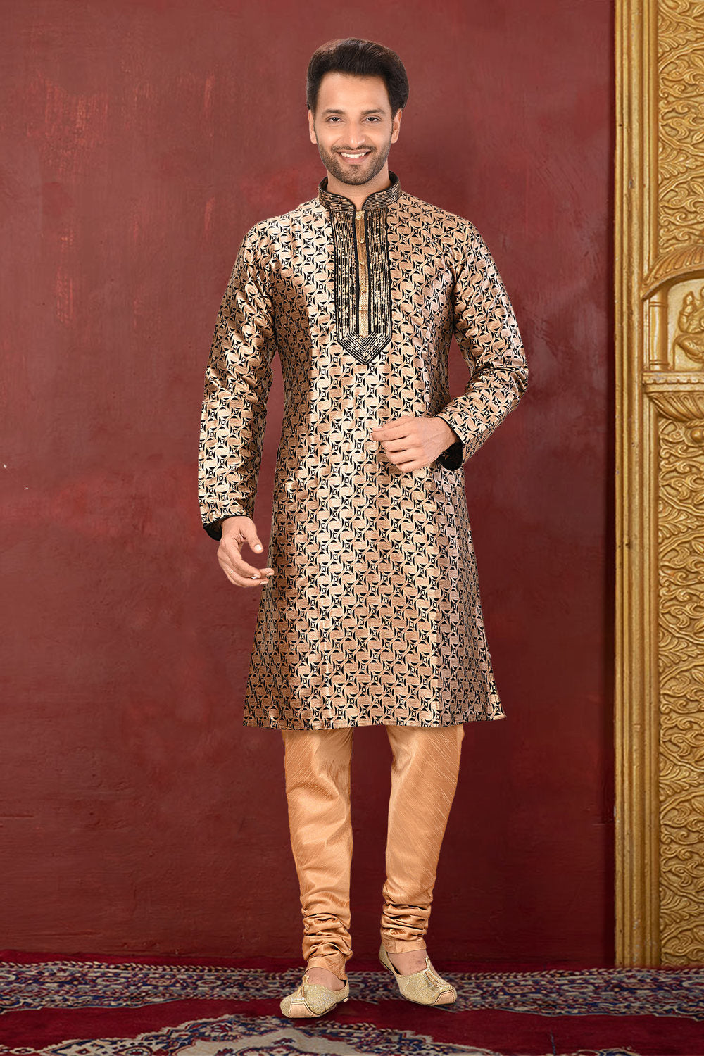 Gold Colour Jacquard Fabric With Thread Work Kurta Pajama