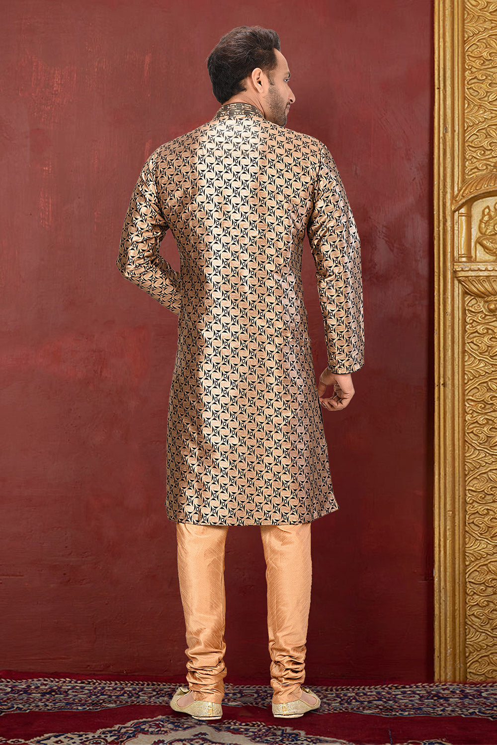 Gold Colour Jacquard Fabric With Thread Work Kurta Pajama