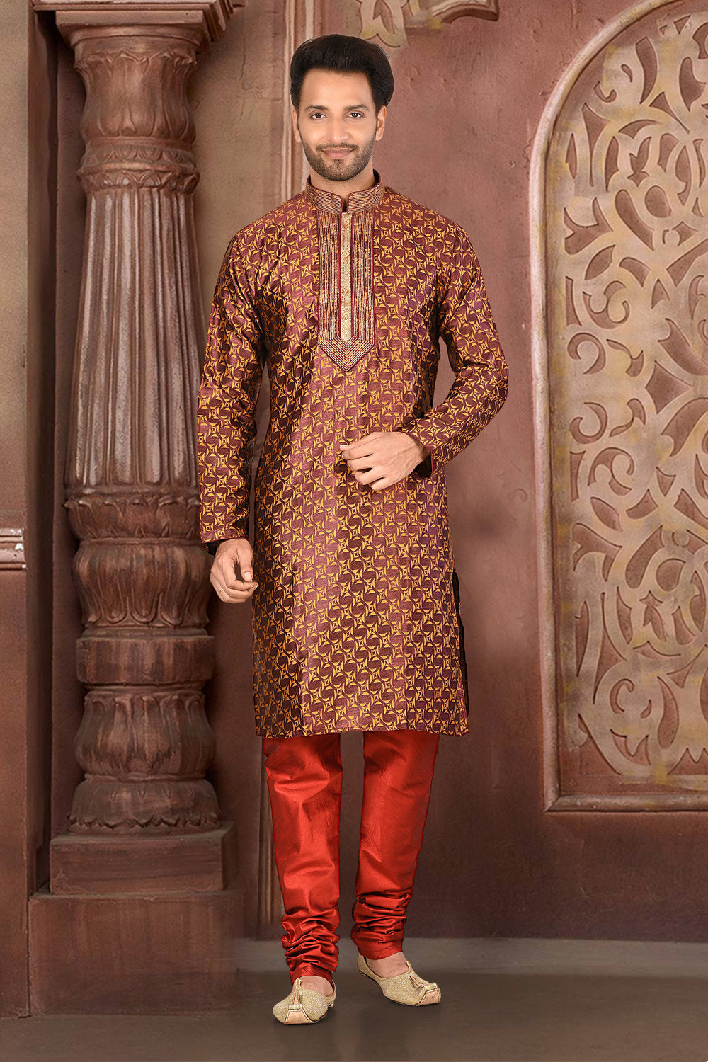Brown Colour Jacquard Fabric With Thread Work Kurta Pajama