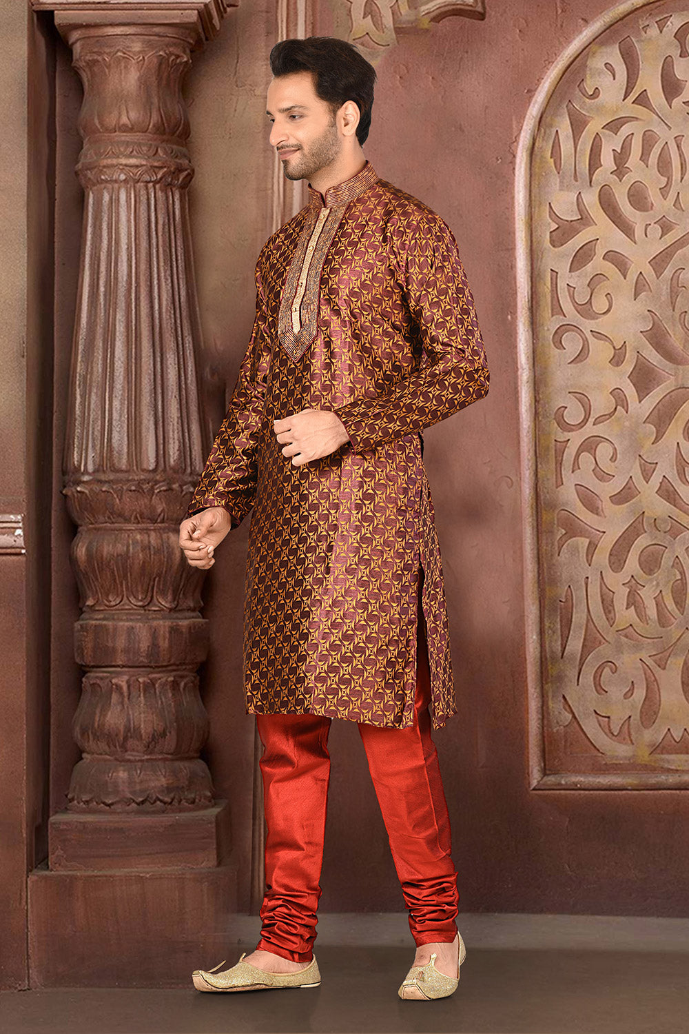 Brown Colour Jacquard Fabric With Thread Work Kurta Pajama