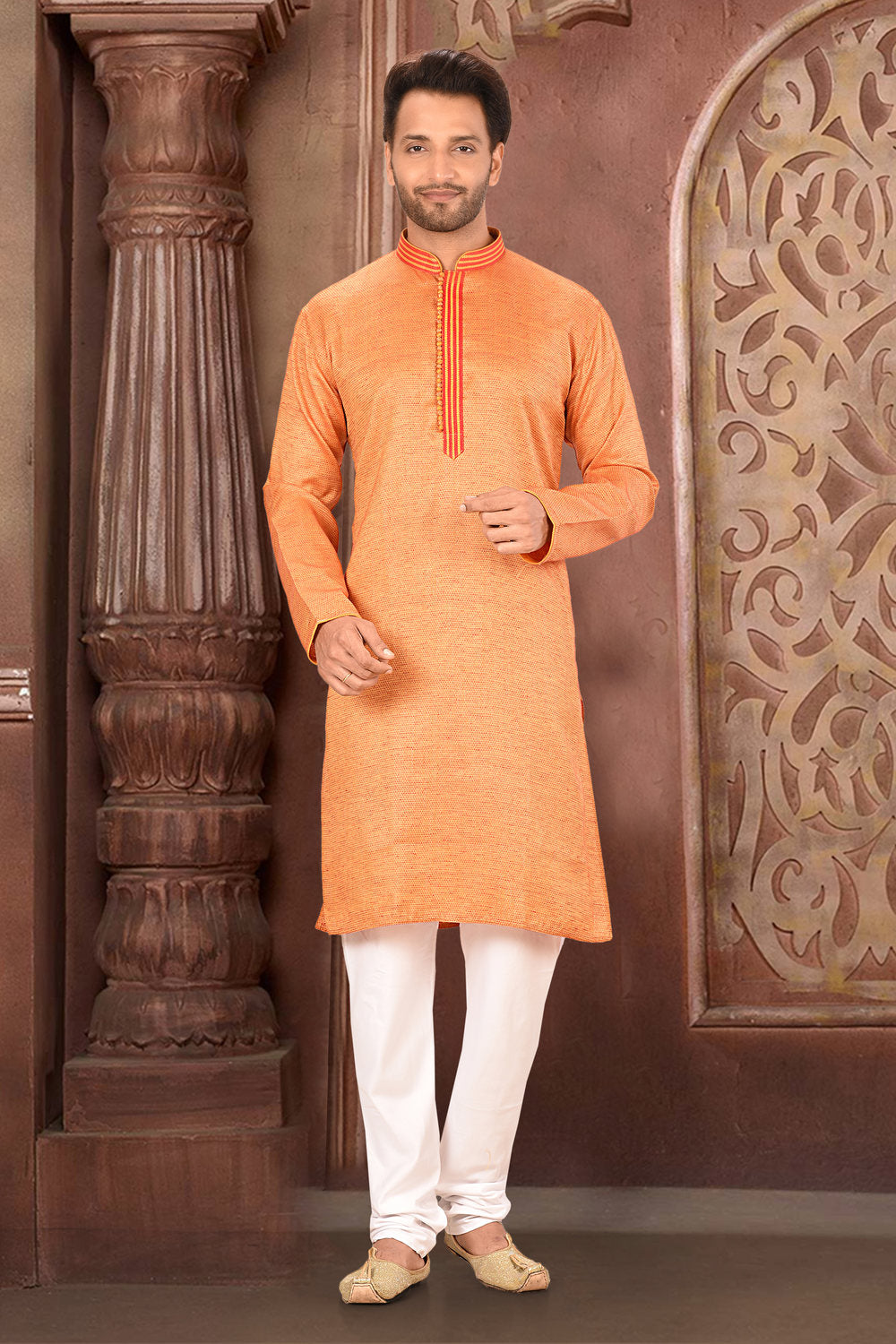 Orange Colour Cotton Silk Fabric With Thread Work Kurta Pajama