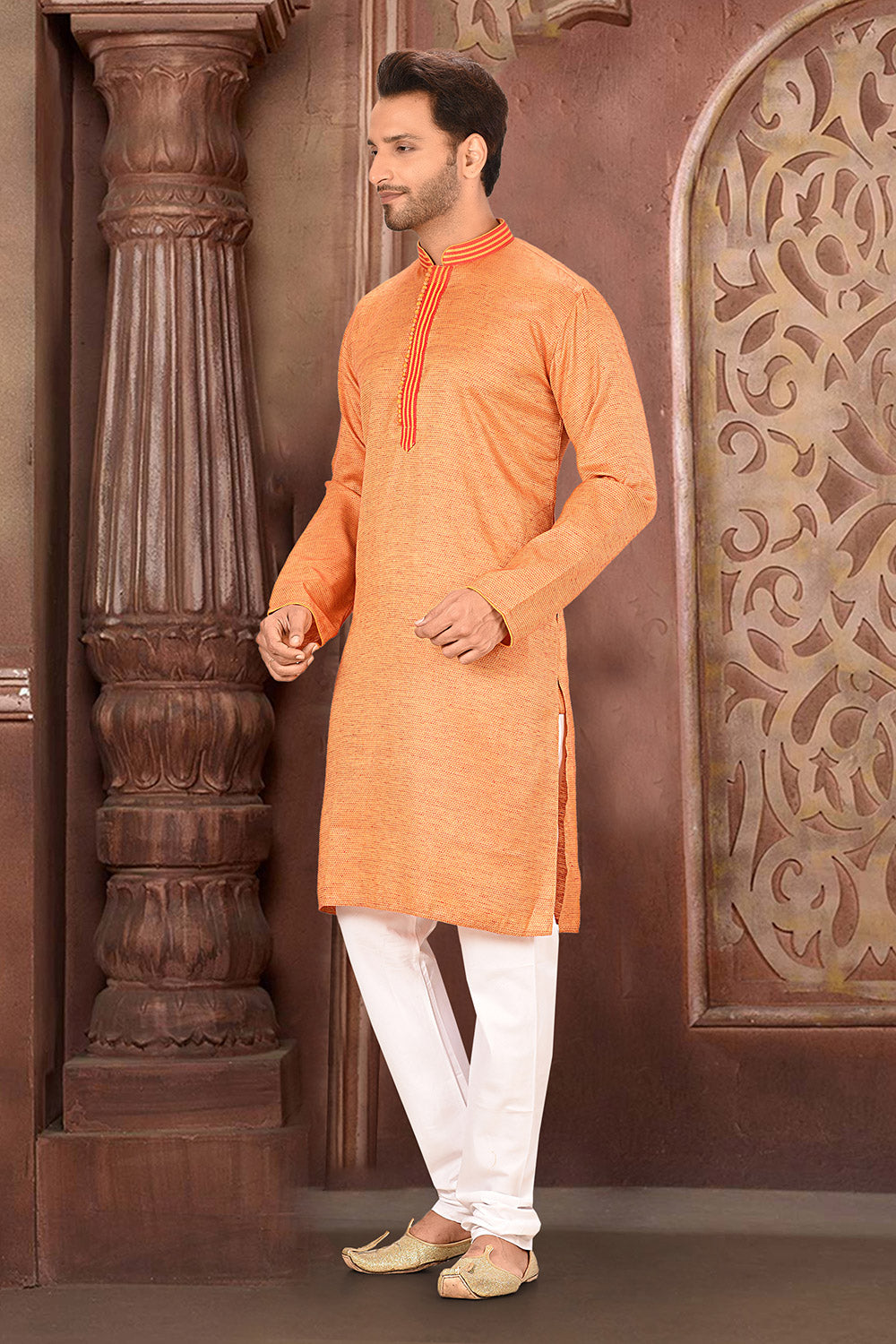 Orange Colour Cotton Silk Fabric With Thread Work Kurta Pajama