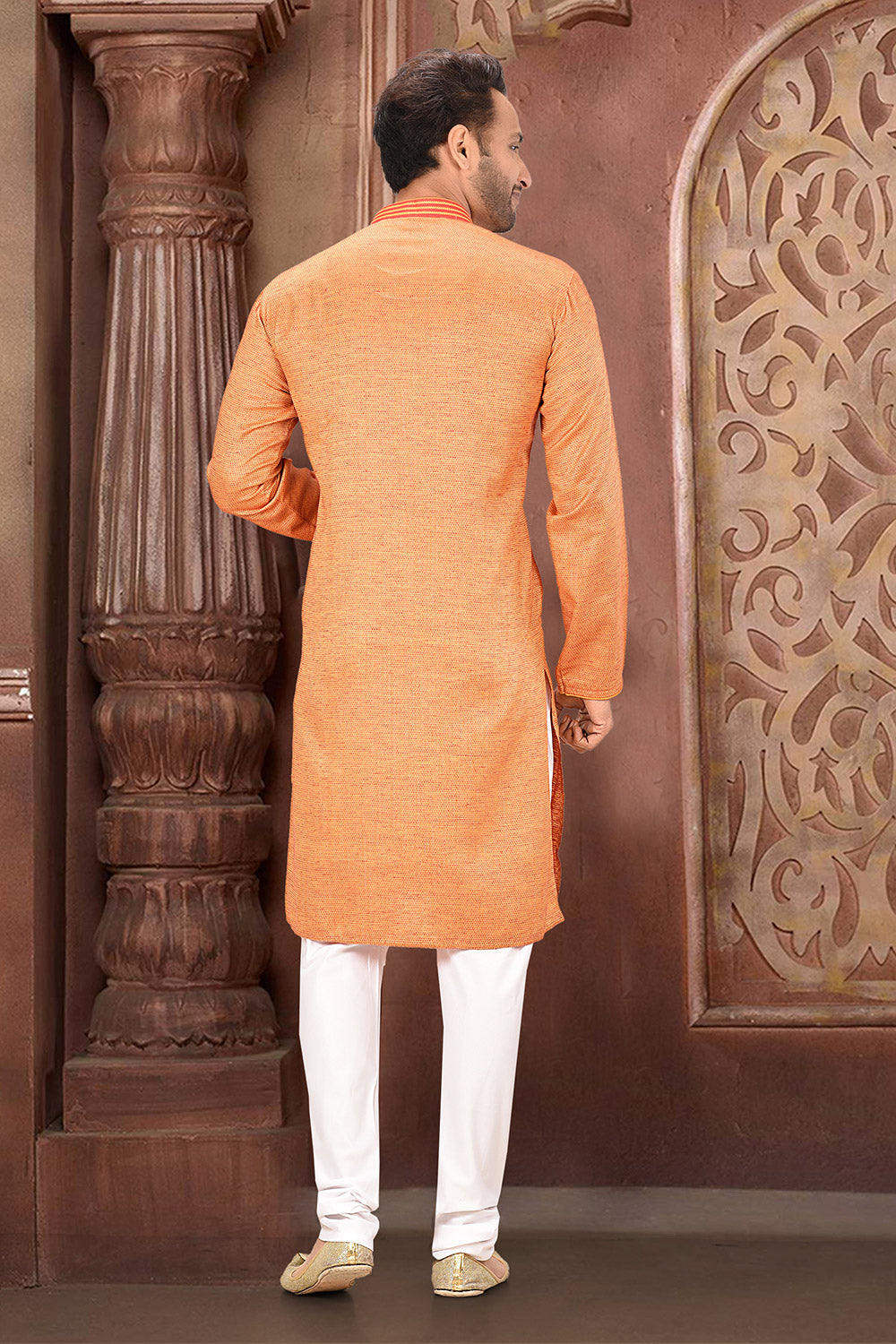 Orange Colour Cotton Silk Fabric With Thread Work Kurta Pajama