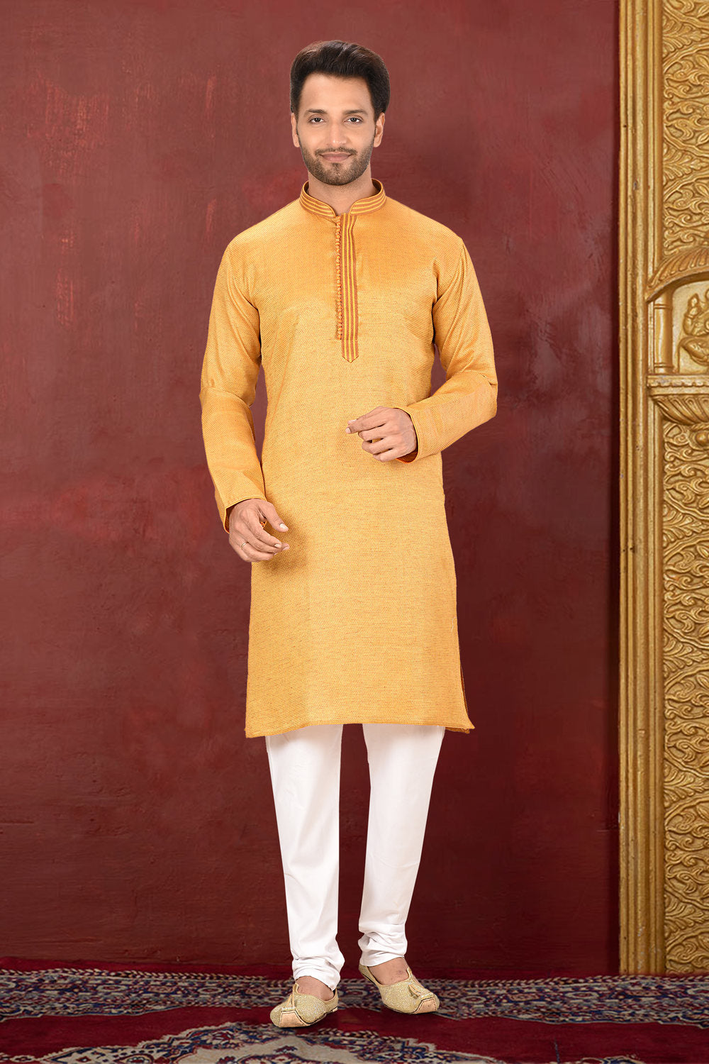 Mustard Colour Cotton Silk Fabric With Thread Work Kurta Pajama