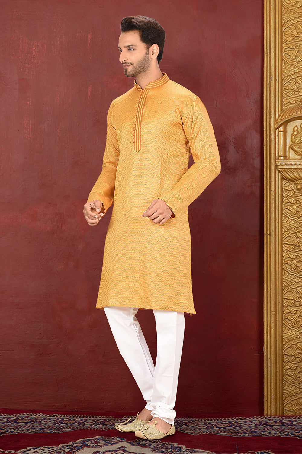 Mustard Colour Cotton Silk Fabric With Thread Work Kurta Pajama
