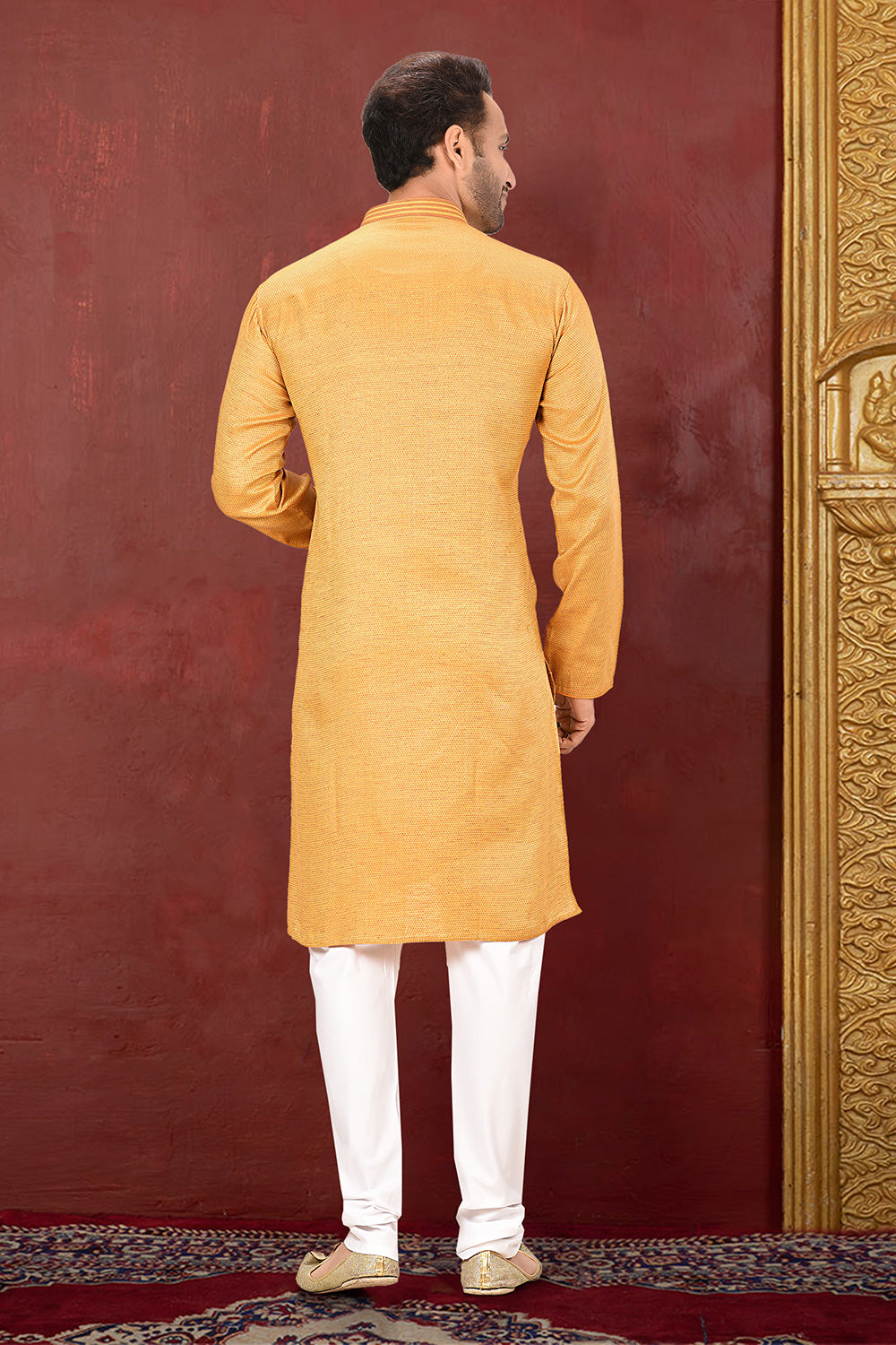 Mustard Colour Cotton Silk Fabric With Thread Work Kurta Pajama
