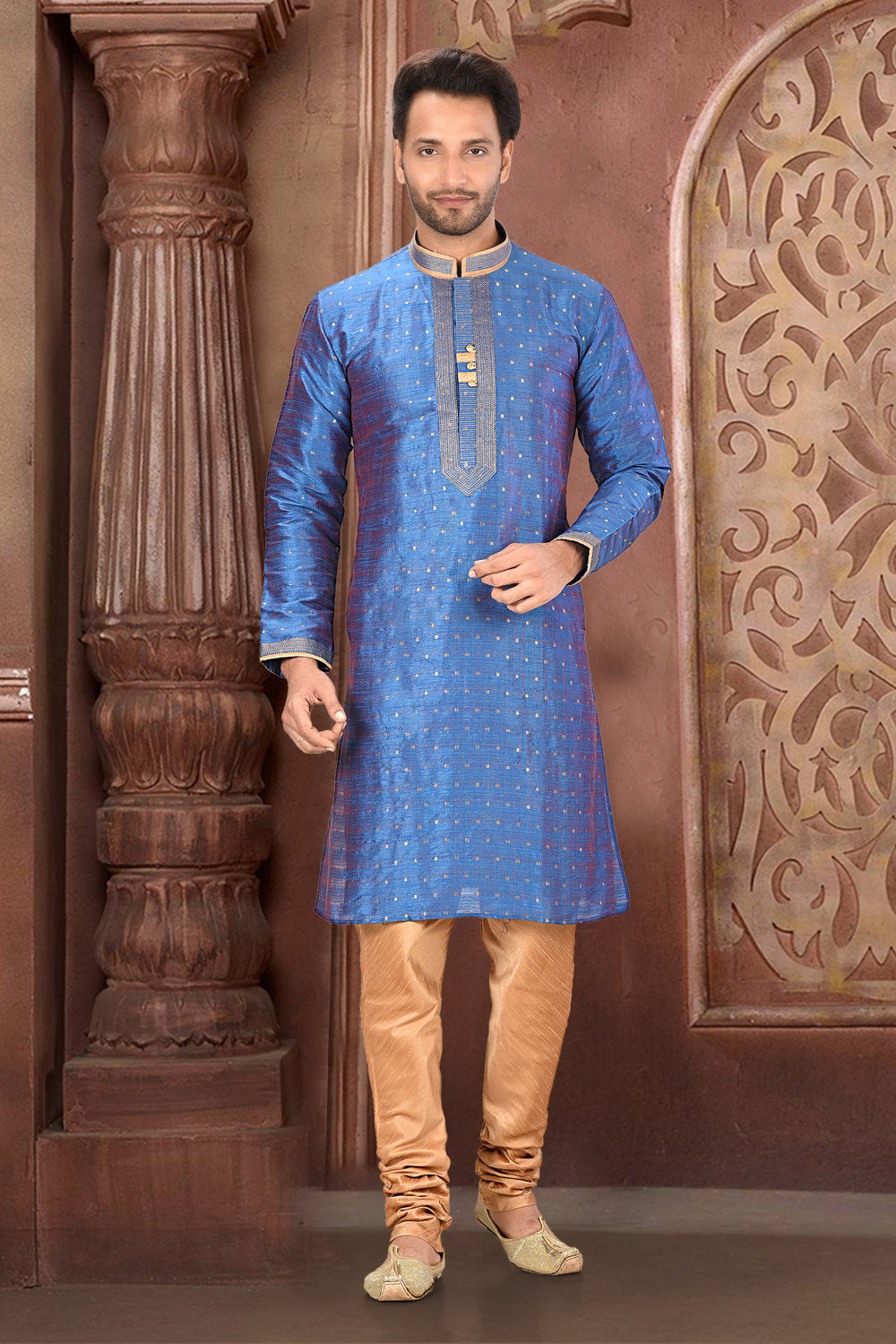 Blue Colour Silk Fabric With Thread Work Kurta Pajama