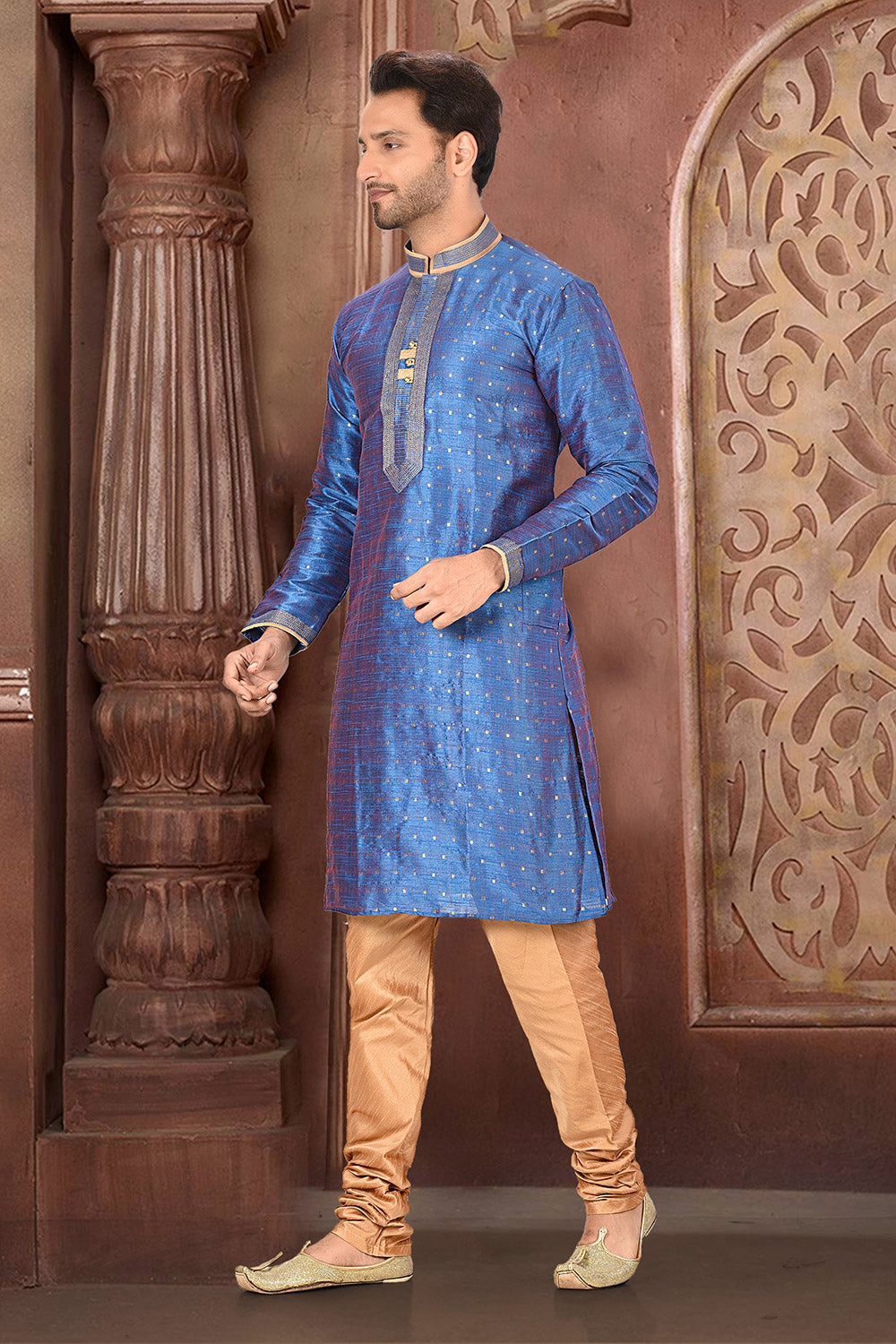 Blue Colour Silk Fabric With Thread Work Kurta Pajama