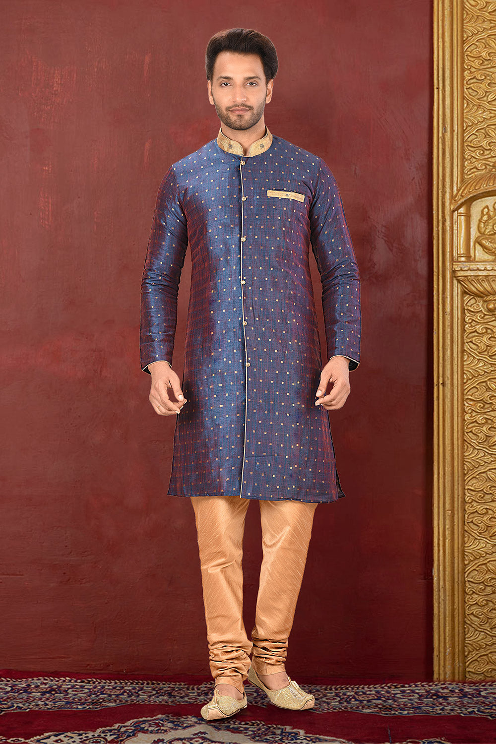 Blue Colour Silk Fabric With Thread Work Kurta Pajama