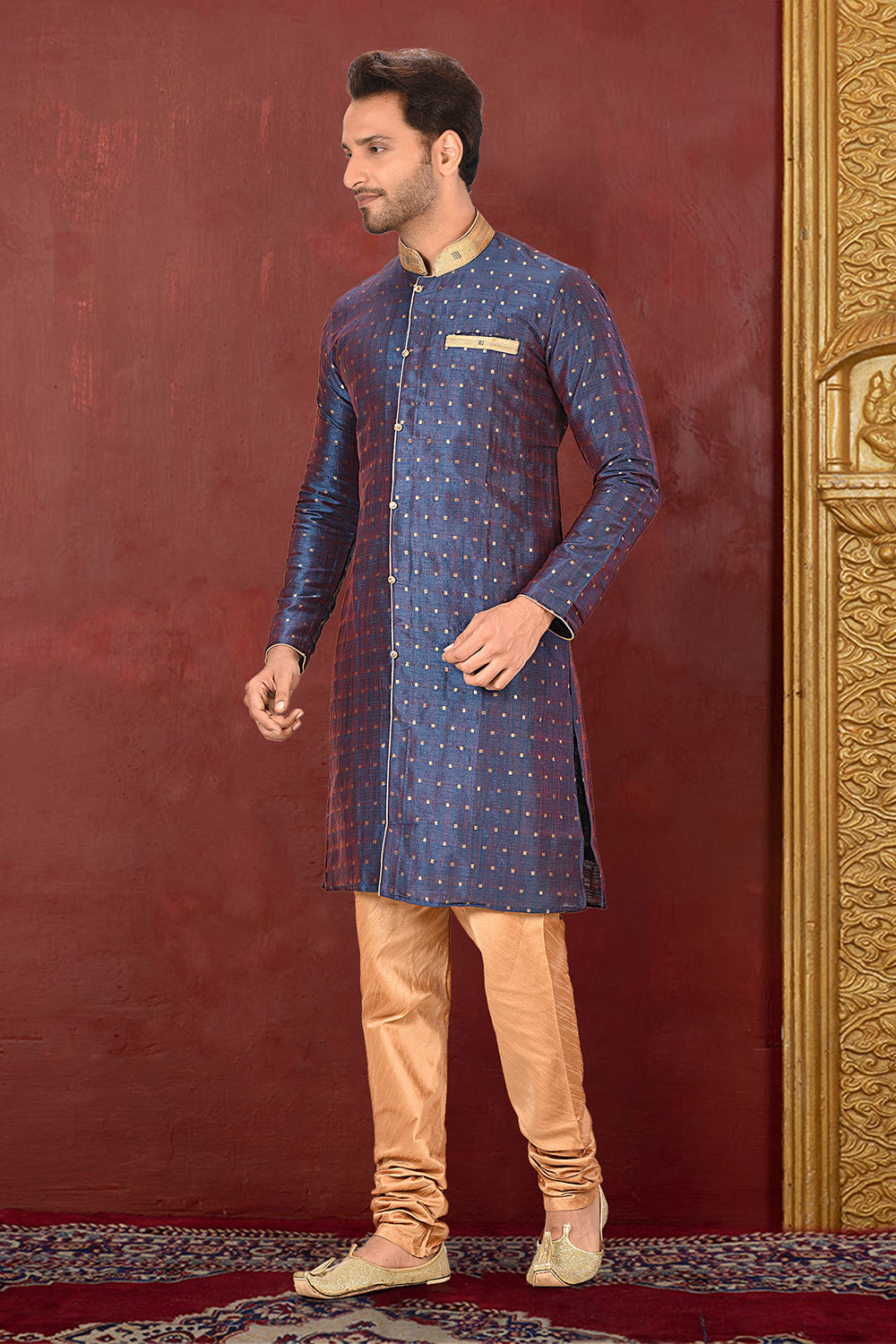 Blue Colour Silk Fabric With Thread Work Kurta Pajama