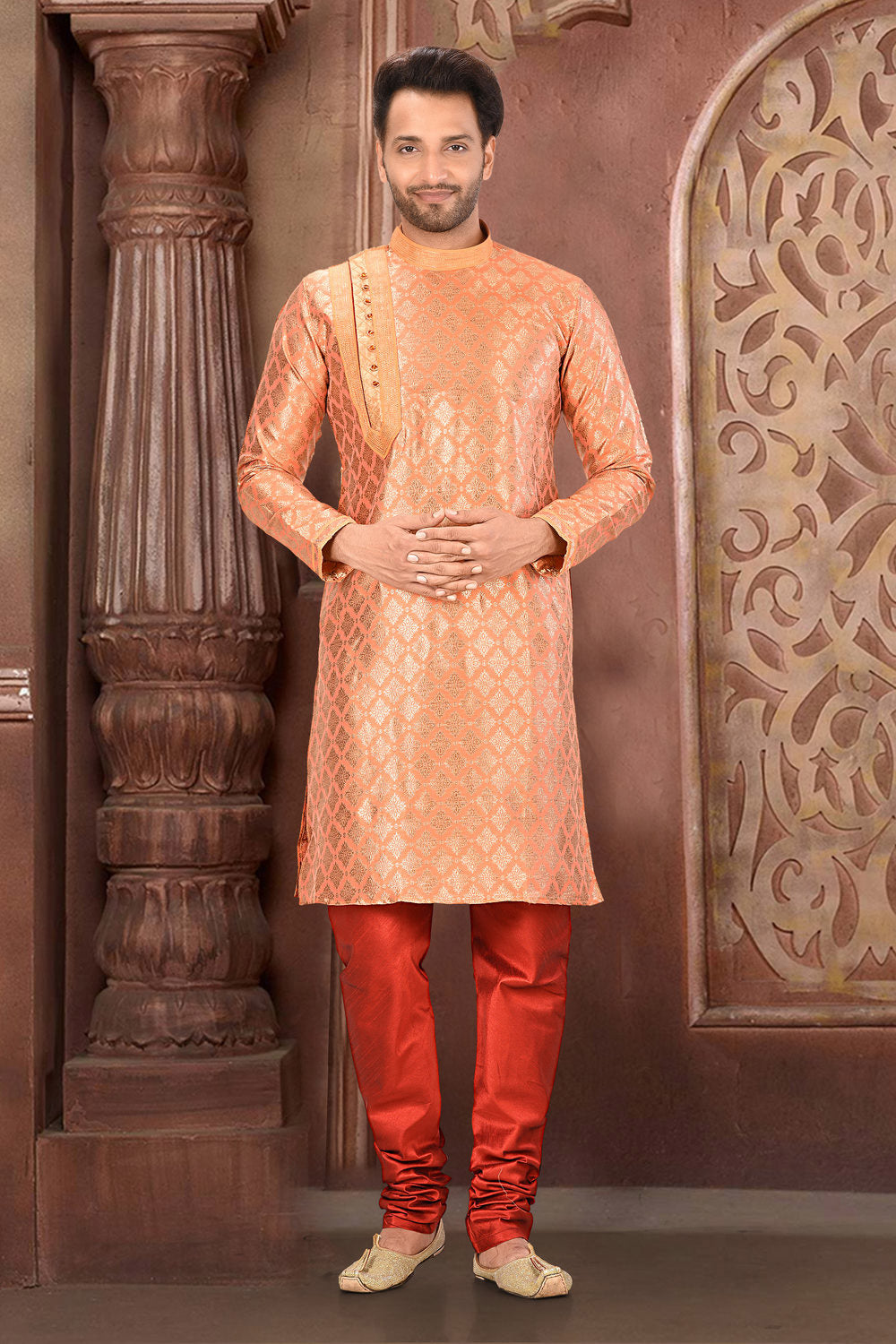Peach Colour Jacquard Fabric With Thread Work Kurta Pajama