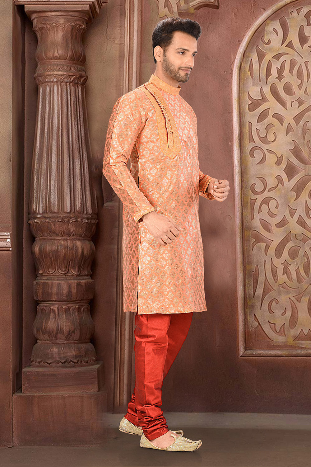 Peach Colour Jacquard Fabric With Thread Work Kurta Pajama