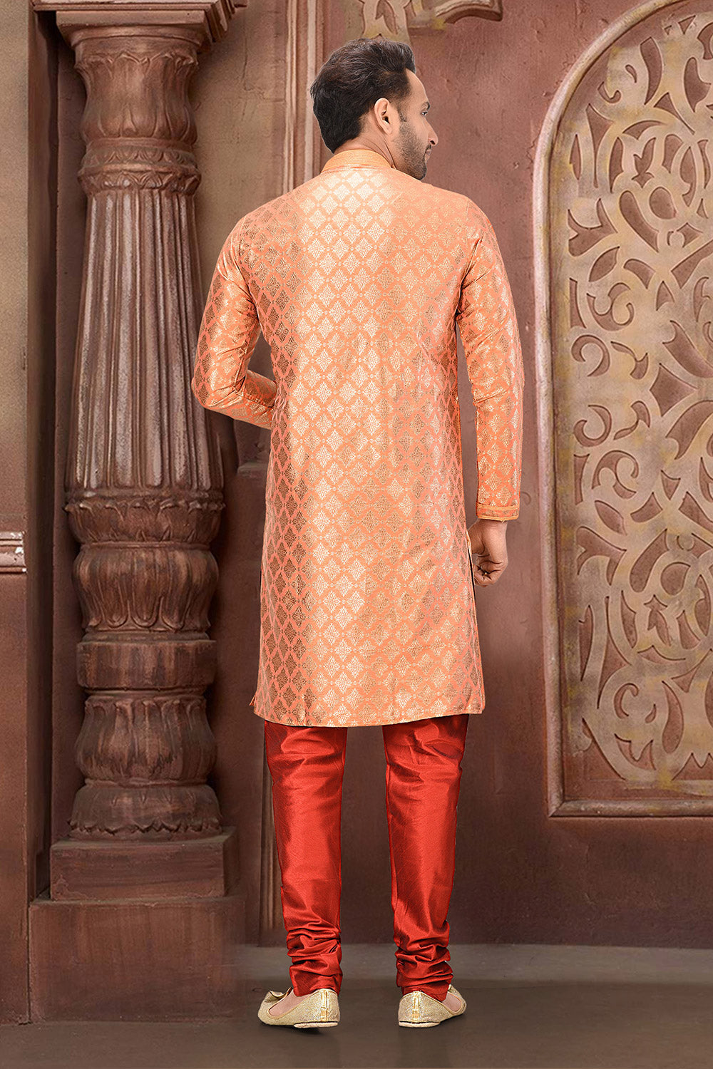 Peach Colour Jacquard Fabric With Thread Work Kurta Pajama