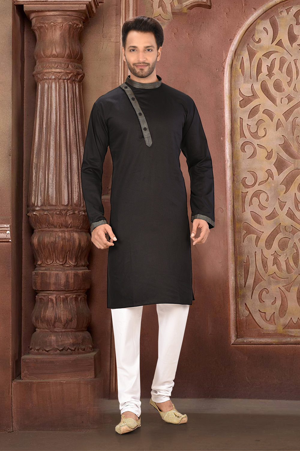 Black Colour Cotton Satin Fabric With Thread Work Kurta Pajama