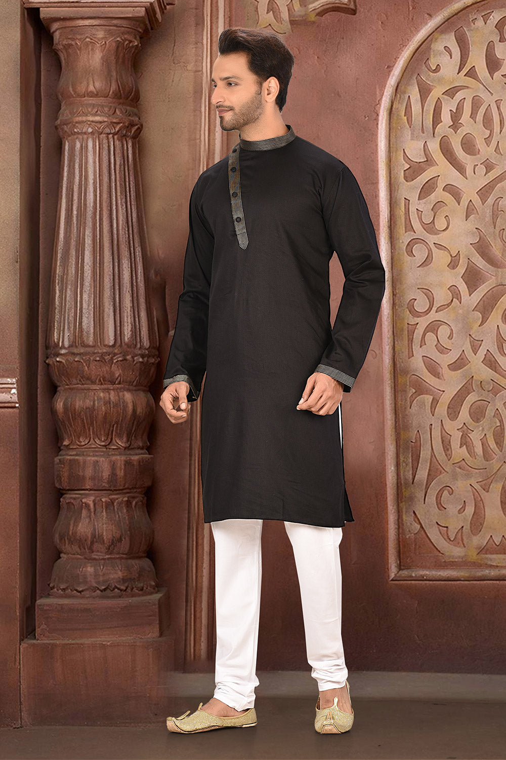 Black Colour Cotton Satin Fabric With Thread Work Kurta Pajama
