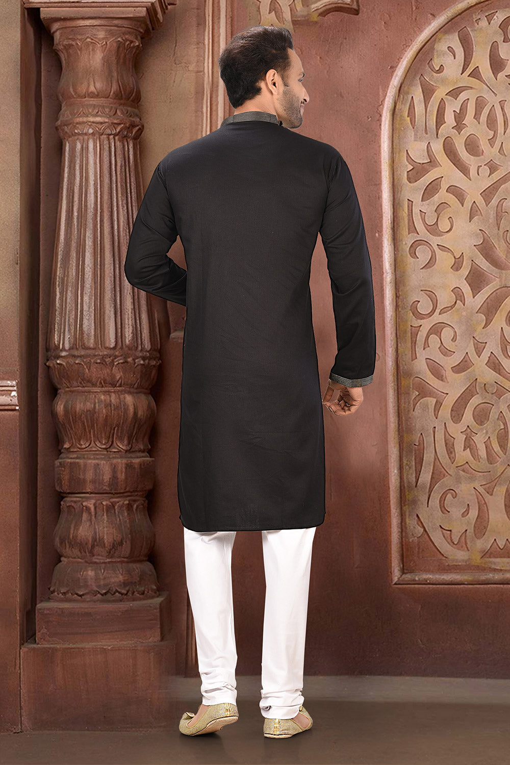 Black Colour Cotton Satin Fabric With Thread Work Kurta Pajama