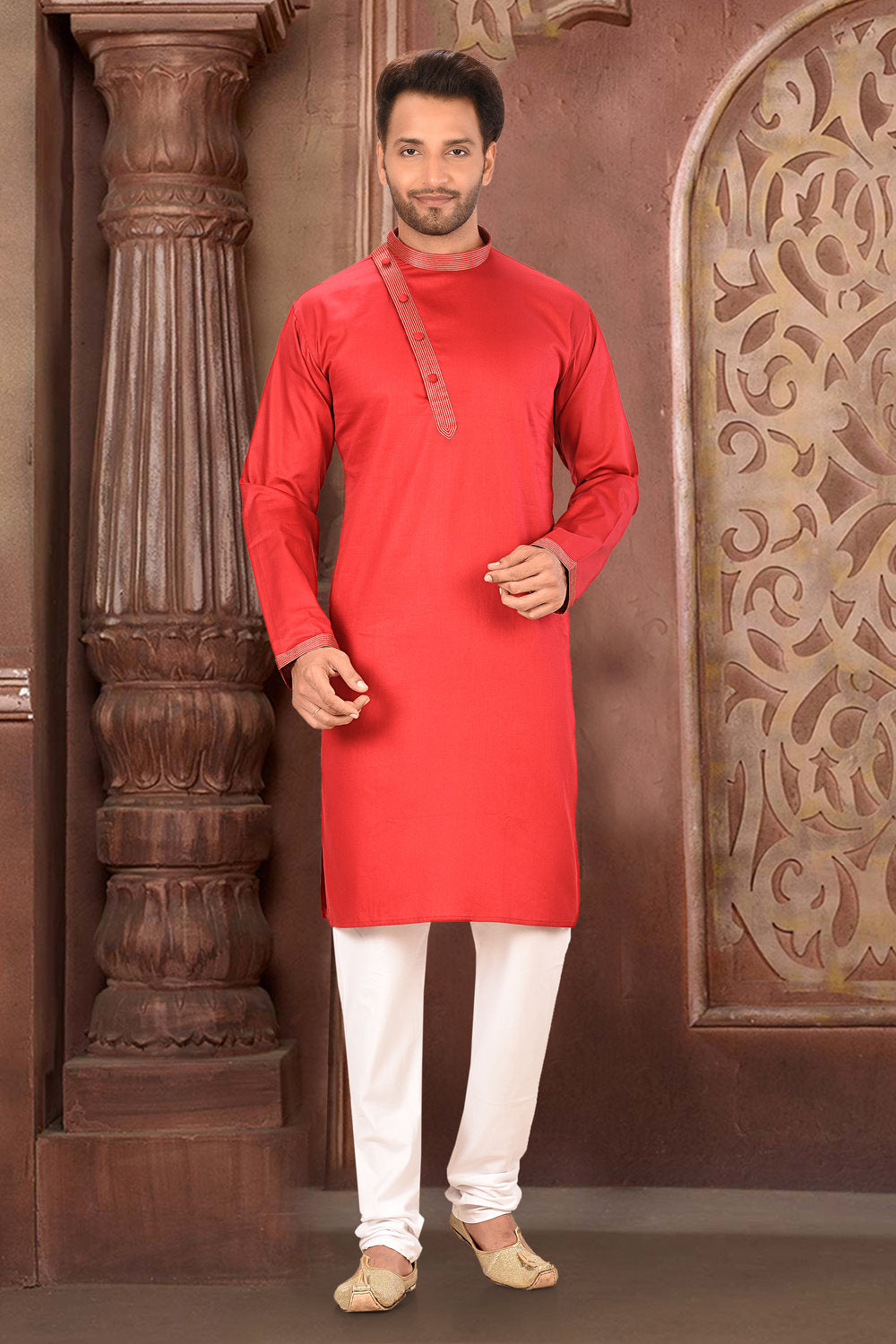 Red Colour Cotton Satin Fabric With Thread Work Kurta Pajama
