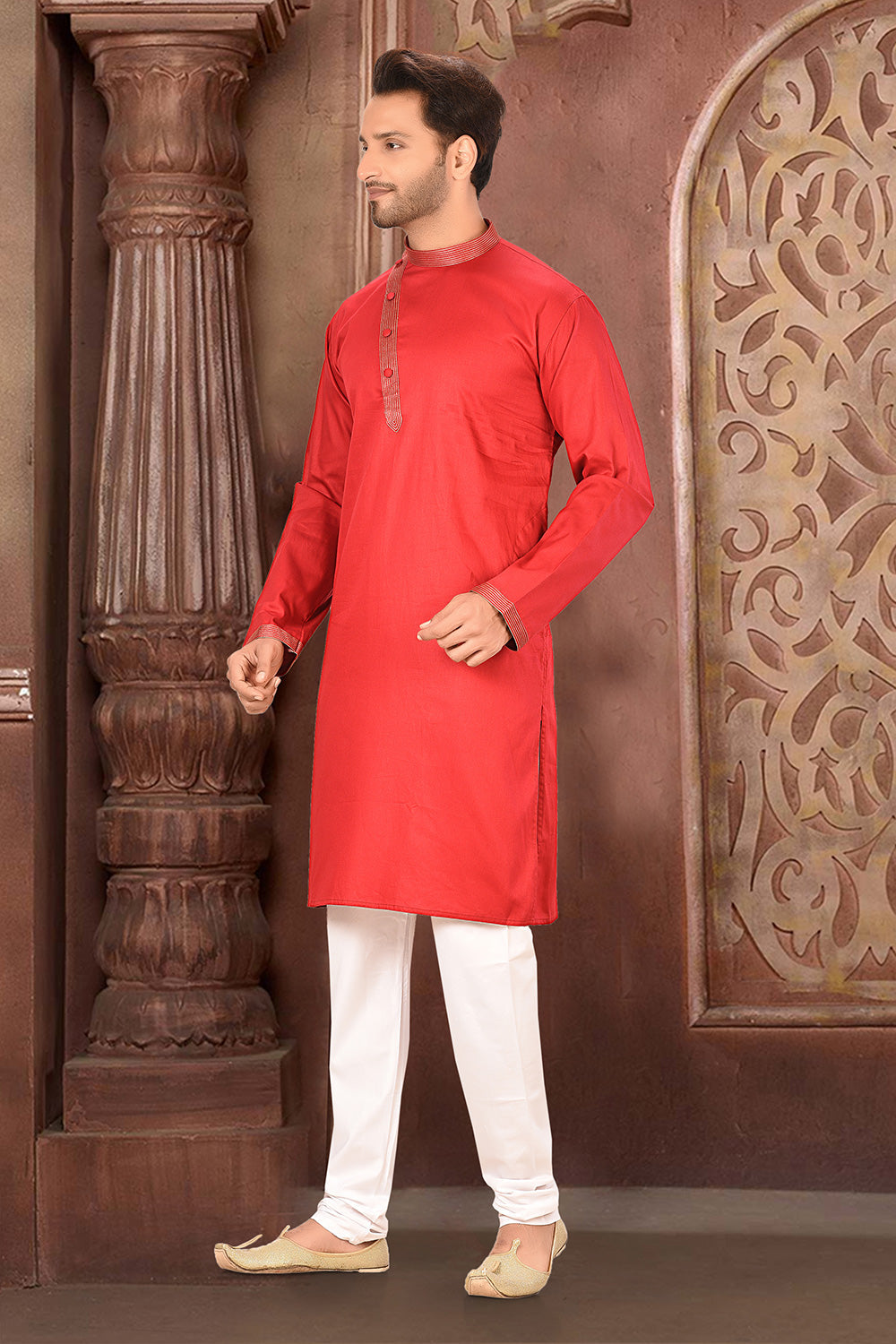 Red Colour Cotton Satin Fabric With Thread Work Kurta Pajama