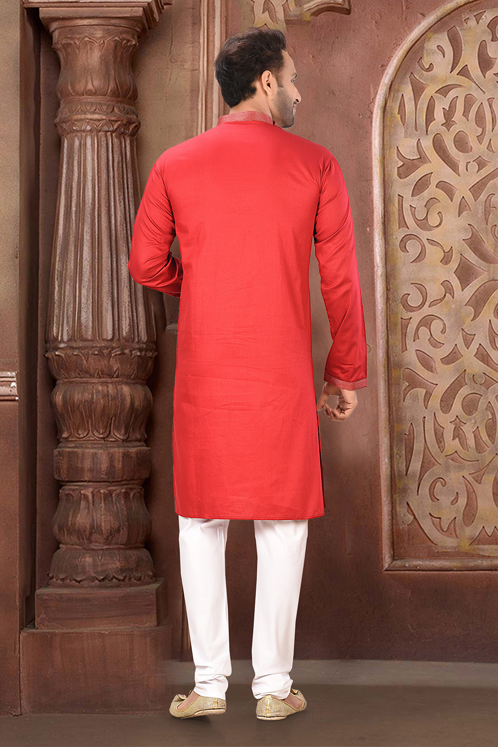 Red Colour Cotton Satin Fabric With Thread Work Kurta Pajama