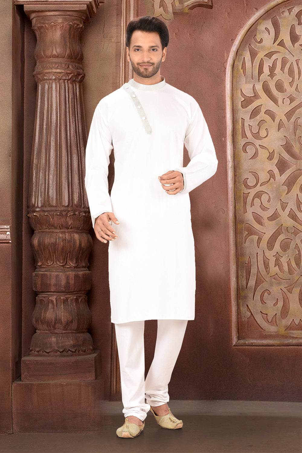 White Colour Cotton Satin Fabric With Thread Work Kurta Pajama