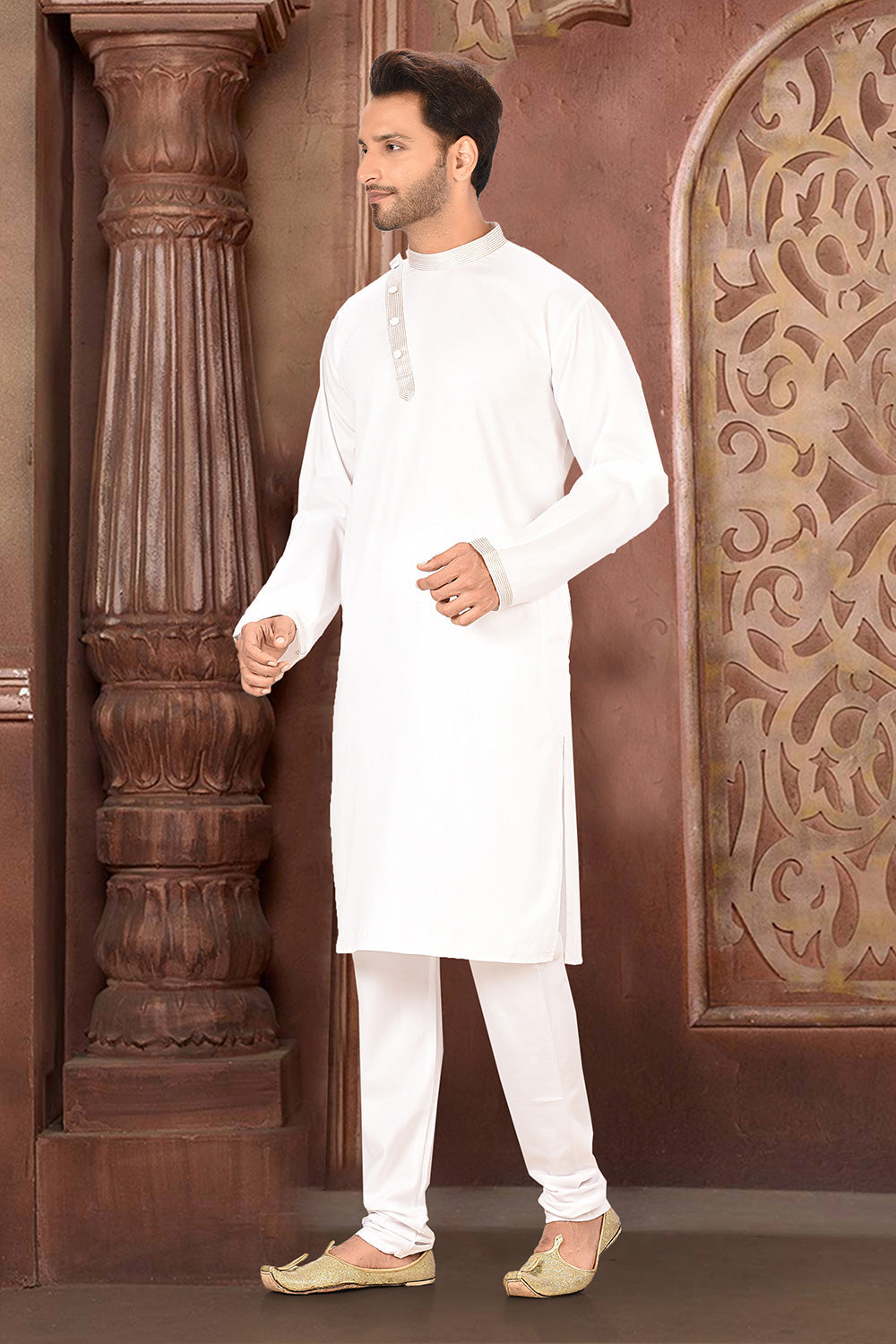 White Colour Cotton Satin Fabric With Thread Work Kurta Pajama
