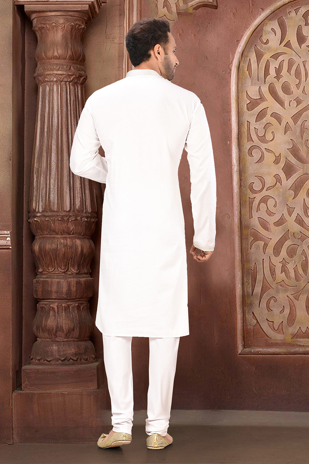 White Colour Cotton Satin Fabric With Thread Work Kurta Pajama