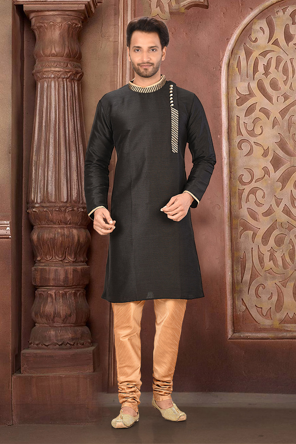 Black Colour Cotton Silk Fabric With Thread Work Kurta Pajama